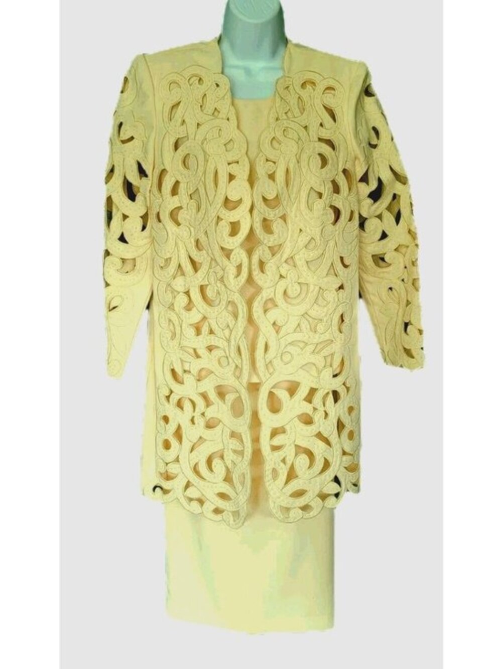 Vintage 80s Beaded 3 Pc Jacket Top Skirt Suit Butter Yellow Womens 14 Poly Crepe